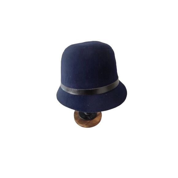 Wool Navy Blue Bucket Hat Medium Women's Leather Band - Picture 2 of 11